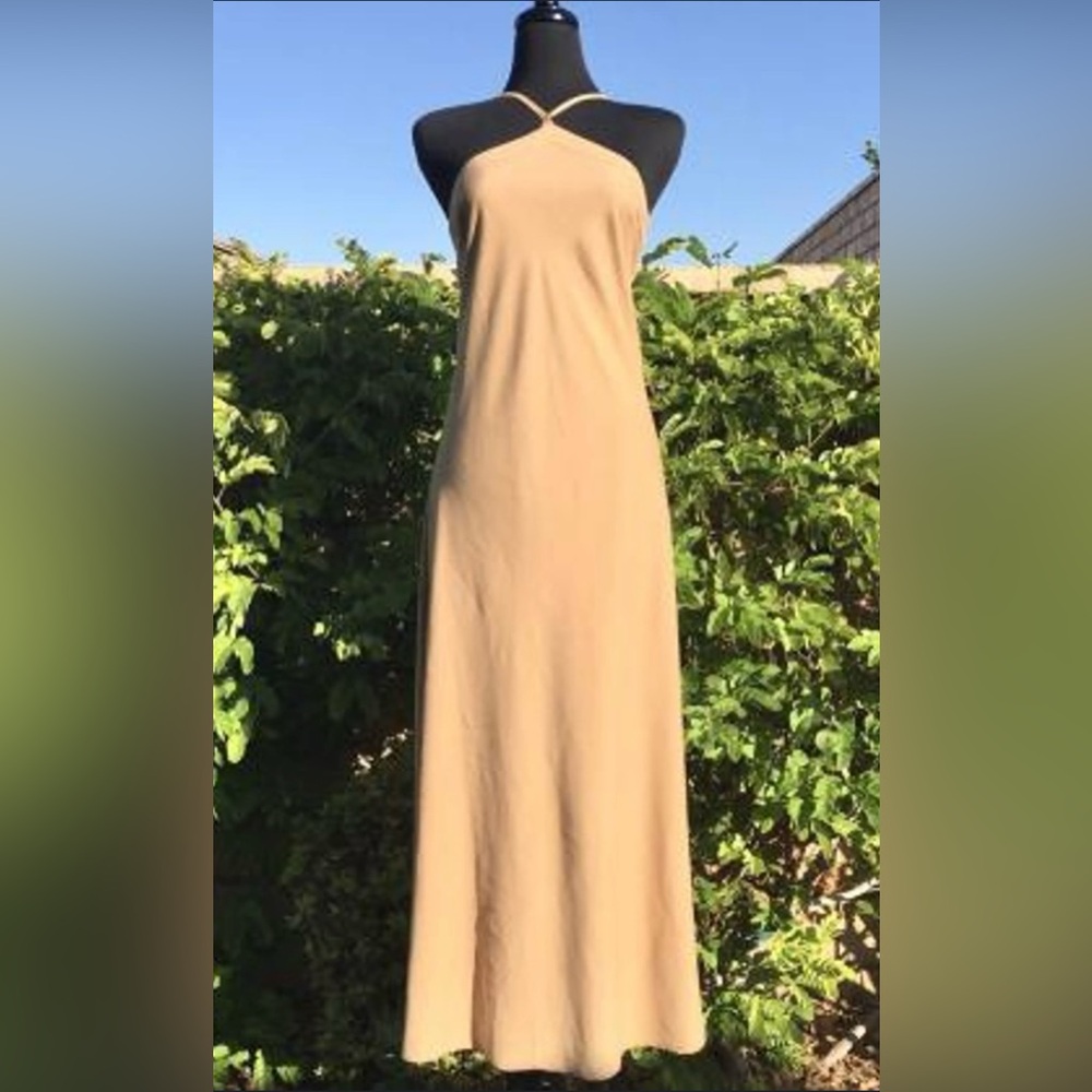 Sincerly Jules Camel Halter Maxi‎ Dress Fall Boho Minimalist Muted Autumn
